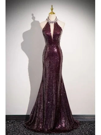 Noble Burgundy Sequined Sparkly Long Halter Mermaid Prom Dress