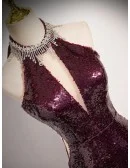 Noble Burgundy Sequined Sparkly Long Halter Mermaid Prom Dress