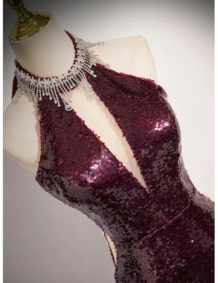 Noble Burgundy Sequined Sparkly Long Halter Mermaid Prom Dress