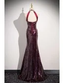 Noble Burgundy Sequined Sparkly Long Halter Mermaid Prom Dress