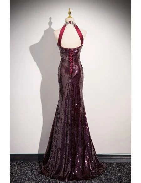 Noble Burgundy Sequined Sparkly Long Halter Mermaid Prom Dress