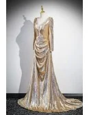 Beaded Vneck Long Sleeved Gold Sparkly Prom Dress For Formal