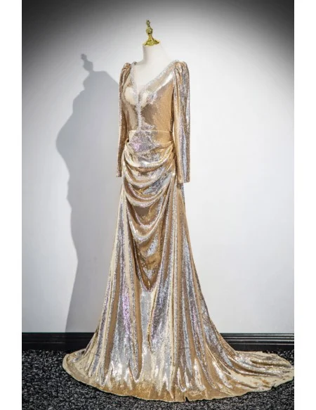 Beaded Vneck Long Sleeved Gold Sparkly Prom Dress For Formal