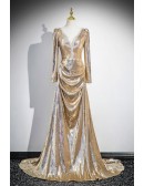 Beaded Vneck Long Sleeved Gold Sparkly Prom Dress For Formal
