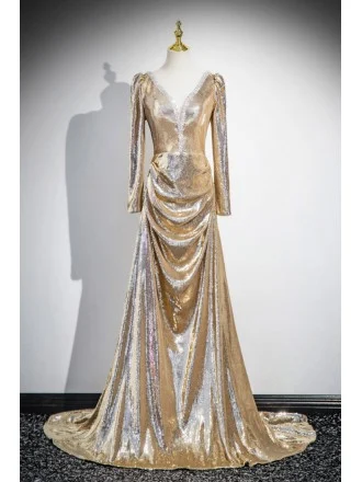 Beaded Vneck Long Sleeved Gold Sparkly Prom Dress For Formal