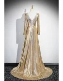 Beaded Vneck Long Sleeved Gold Sparkly Prom Dress For Formal