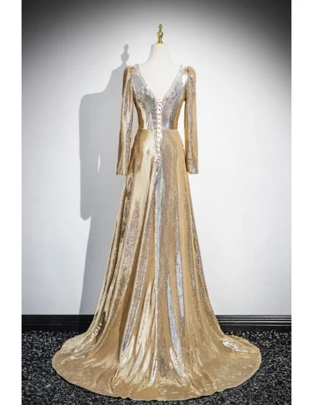 Beaded Vneck Long Sleeved Gold Sparkly Prom Dress For Formal