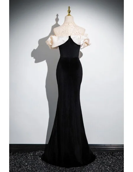 Elegant Sequined Halter Long Black Velvet Mermaid Prom Dress