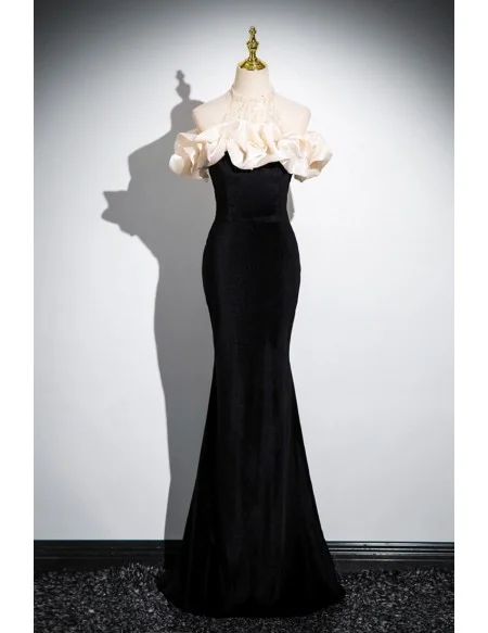 Elegant Sequined Halter Long Black Velvet Mermaid Prom Dress