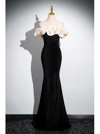 Elegant Sequined Halter Long Black Velvet Mermaid Prom Dress