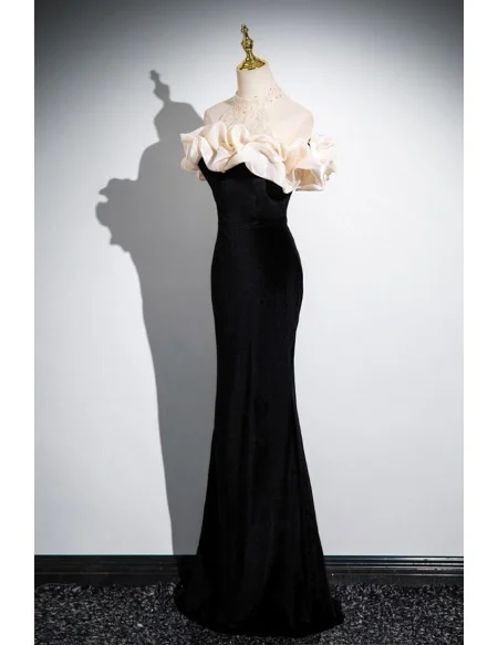 Elegant Sequined Halter Long Black Velvet Mermaid Prom Dress