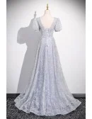 Elegant Beaded Vneck Long Grey Prom Dress With Short Sleeves