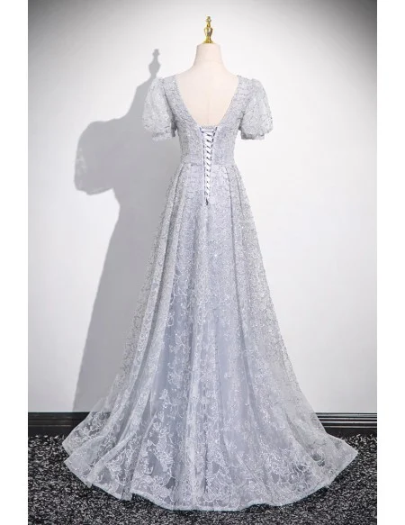 Elegant Beaded Vneck Long Grey Prom Dress With Short Sleeves