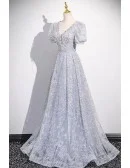 Elegant Beaded Vneck Long Grey Prom Dress With Short Sleeves