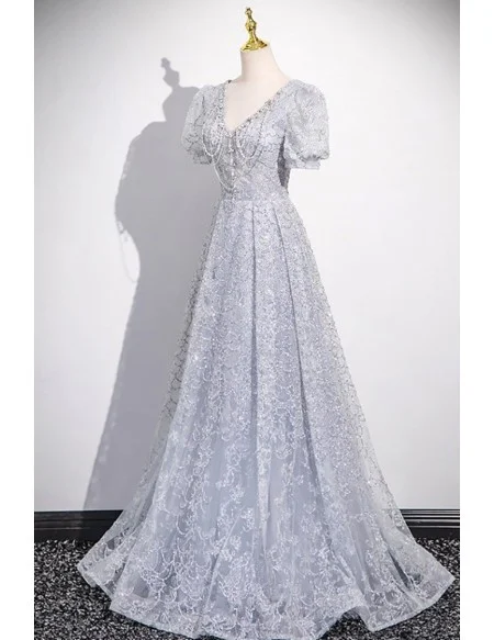 Elegant Beaded Vneck Long Grey Prom Dress With Short Sleeves