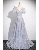 Elegant Beaded Vneck Long Grey Prom Dress With Short Sleeves