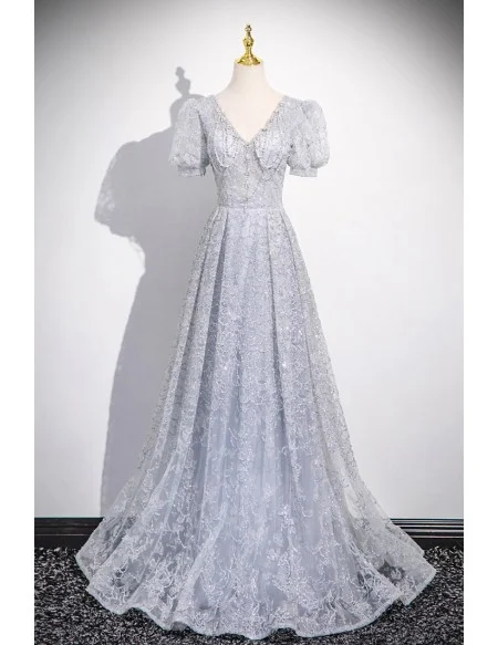 Elegant Beaded Vneck Long Grey Prom Dress With Short Sleeves