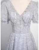 Elegant Beaded Vneck Long Grey Prom Dress With Short Sleeves