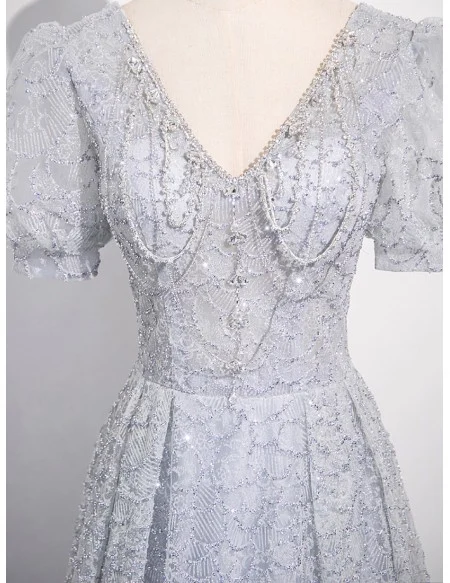 Elegant Beaded Vneck Long Grey Prom Dress With Short Sleeves