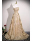 Sparkly Gold Sequins Strapless Long Party Prom Dress