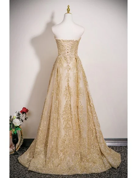 Sparkly Gold Sequins Strapless Long Party Prom Dress