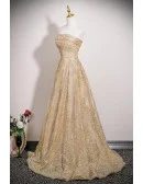 Sparkly Gold Sequins Strapless Long Party Prom Dress