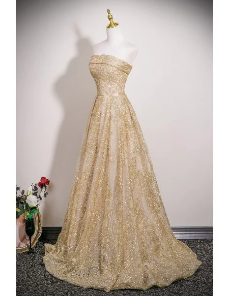 Sparkly Gold Sequins Strapless Long Party Prom Dress