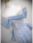 Sparkly Silver Sequined Blue Mermaid Prom Dress Off Shoulder With Big Bow