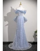 Sparkly Silver Sequined Blue Mermaid Prom Dress Off Shoulder With Big Bow