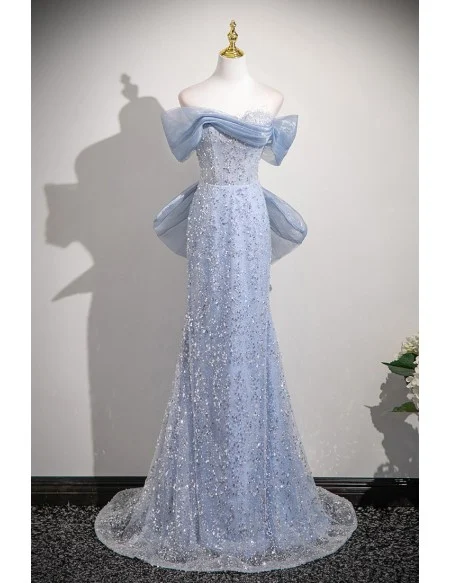 Sparkly Silver Sequined Blue Mermaid Prom Dress Off Shoulder With Big Bow