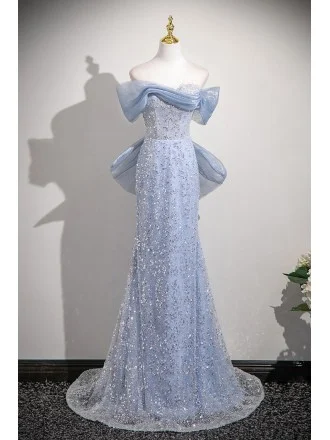 Sparkly Silver Sequined Blue Mermaid Prom Dress Off Shoulder With Big Bow