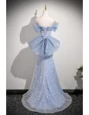 Sparkly Silver Sequined Blue Mermaid Prom Dress Off Shoulder With Big Bow