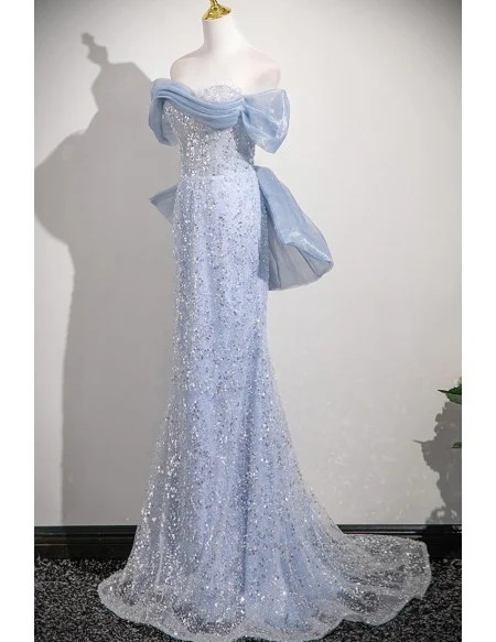 Sparkly Silver Sequined Blue Mermaid Prom Dress Off Shoulder With Big Bow