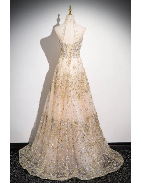 Champagne Bling Sequins Tulle Prom Dress With Tassels Halter