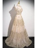 Champagne Bling Sequins Tulle Prom Dress With Tassels Halter