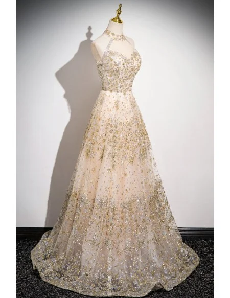 Champagne Bling Sequins Tulle Prom Dress With Tassels Halter
