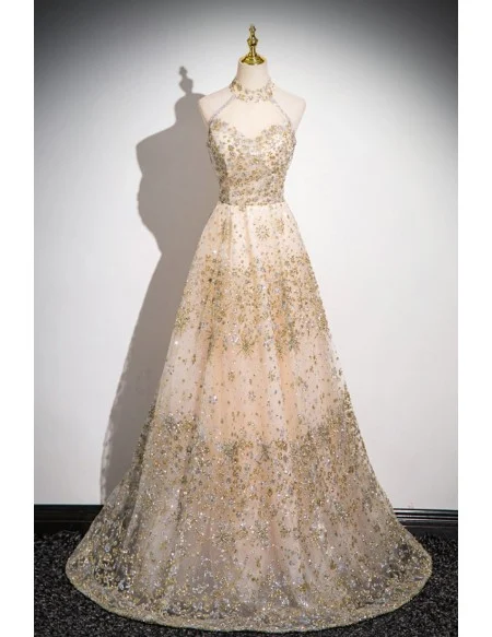 Champagne Bling Sequins Tulle Prom Dress With Tassels Halter