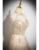 Champagne Bling Sequins Tulle Prom Dress With Tassels Halter