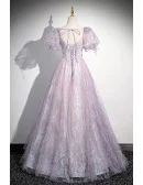 Dreamy Purple Ruched Bling Tulle Prom Dress With Bubble Sleeves
