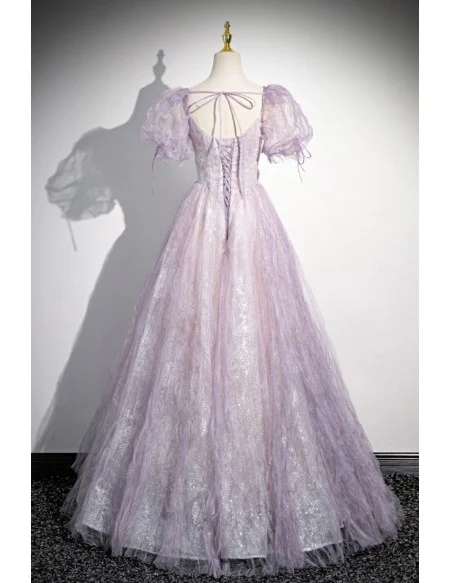 Dreamy Purple Ruched Bling Tulle Prom Dress With Bubble Sleeves