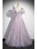 Dreamy Purple Ruched Bling Tulle Prom Dress With Bubble Sleeves