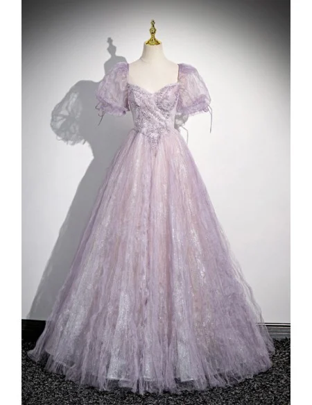 Dreamy Purple Ruched Bling Tulle Prom Dress With Bubble Sleeves