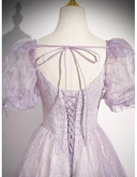 Dreamy Purple Ruched Bling Tulle Prom Dress With Bubble Sleeves