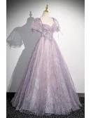 Dreamy Purple Ruched Bling Tulle Prom Dress With Bubble Sleeves