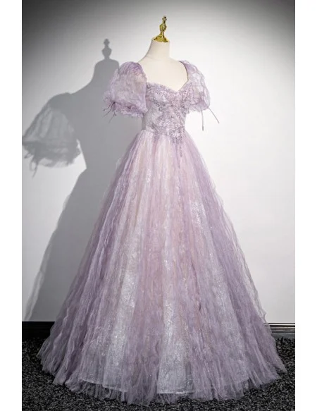 Dreamy Purple Ruched Bling Tulle Prom Dress With Bubble Sleeves