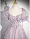 Dreamy Purple Ruched Bling Tulle Prom Dress With Bubble Sleeves
