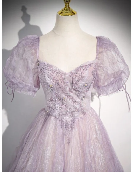 Dreamy Purple Ruched Bling Tulle Prom Dress With Bubble Sleeves
