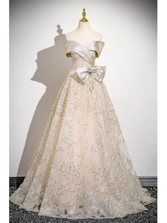 Sequined Champagne Gold Sparkly Party Prom Dress With Off Shoulder