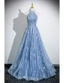 Fancy Blue Beaded Long Halter Prom Dress With Beadings