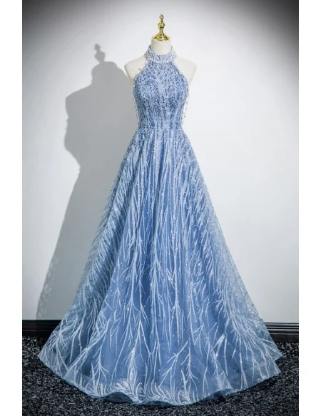 Fancy Blue Beaded Long Halter Prom Dress With Beadings